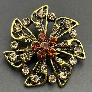 Yellow Gold with Champagne and Brown Topaz Crystal Ornate Flower Pin Back Brooch